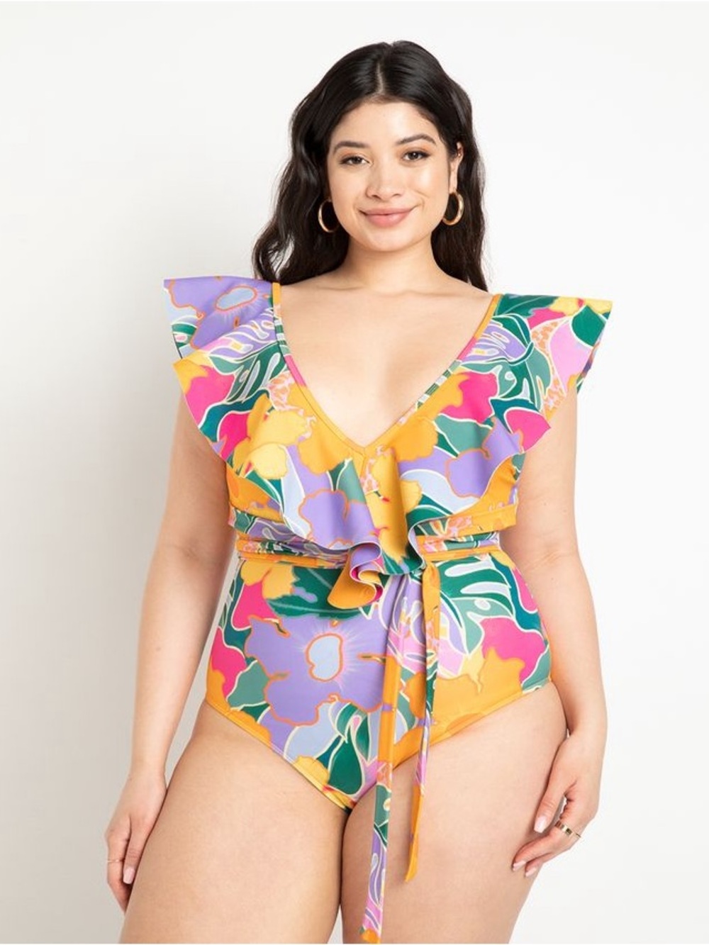 Eloquii Vibrant Floral Tropical Orange & Purple Ruffle Swimsuit & Sarong Wrap